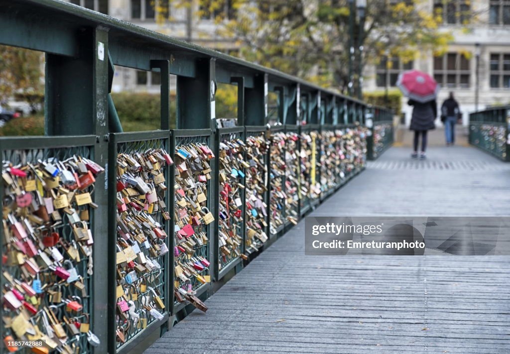 Padlocks on a wooden pedestrian bridge ,Zurich.