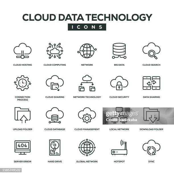 cloud data technology line icon set - abstract network connection stock illustrations