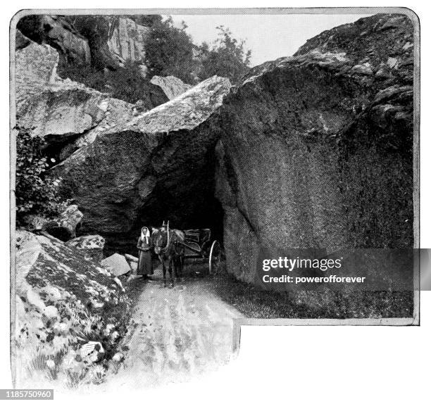 rockslide covering an old mountain road in norway - 19th century - mountain road stock illustrations