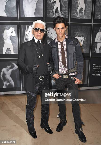 Designer Karl Lagerfeld and model Baptiste Giabiconi attend Karl Lagerfeld Exhibition Launch at Maison Europeenne de la Photographie on September 14,...