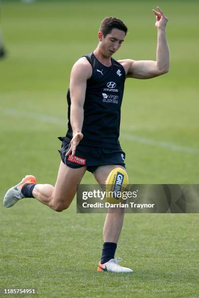 Jacob Weitering takes part during a Carlton Blues AFL training session at Ikon Park on November 06, 2019 in Melbourne, Australia.