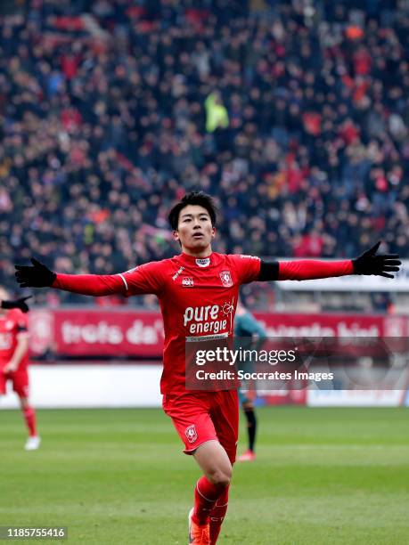 Keito Nakamura of FC Twente celebrates 1-0 during the Dutch Eredivisie match between Fc Twente v Ajax at the De Grolsch Veste on December 1, 2019 in...