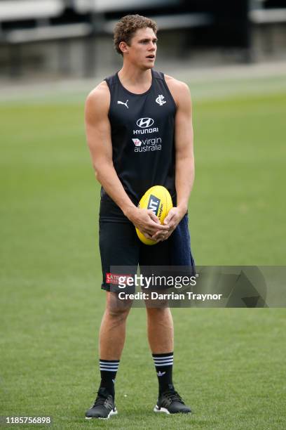 Charlie Curnow tlooks on during a Carlton Blues AFL training session at Ikon Park on November 06, 2019 in Melbourne, Australia.