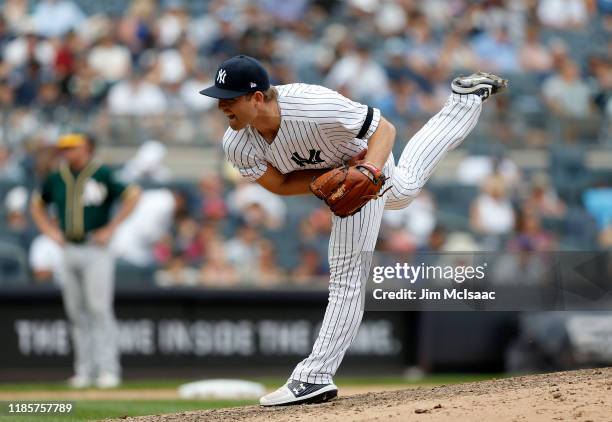 Chance Adams of the New York Yankees in action against the Oakland Athletics at Yankee Stadium on September 01, 2019 in New York City. The Yankees...