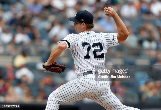 Chance Adams of the New York Yankees in action against the Oakland Athletics at Yankee Stadium on September 01, 2019 in New York City. The Yankees...