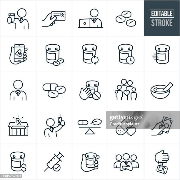 illustrazioni stock, clip art, cartoni animati e icone di tendenza di icone della linea sottile della farmacia - tratto modificabile - prevenzione delle malattie