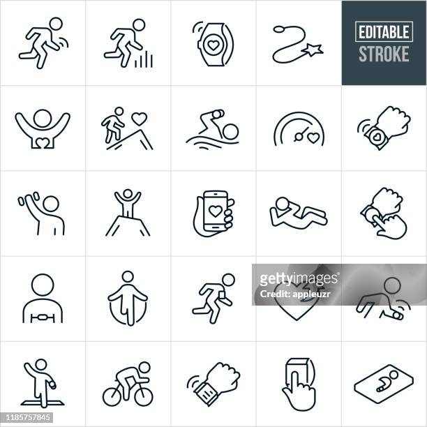 illustrazioni stock, clip art, cartoni animati e icone di tendenza di fitness tracking icone linea sottile - tratto ediastabile - esercizio fisico