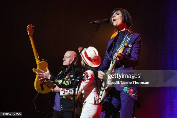 Marco Pirroni, Siobhan Fahey and Marcella Detroit of Shakespears Sister perform at Palladium Theatre on November 05, 2019 in London, England.