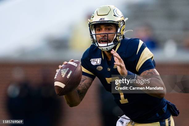 Lucas Johnson of the Georgia Tech Yellow Jackets looks to pass during a game against the Pittsburgh Panthers at Bobby Dodd Stadium on November 2,...