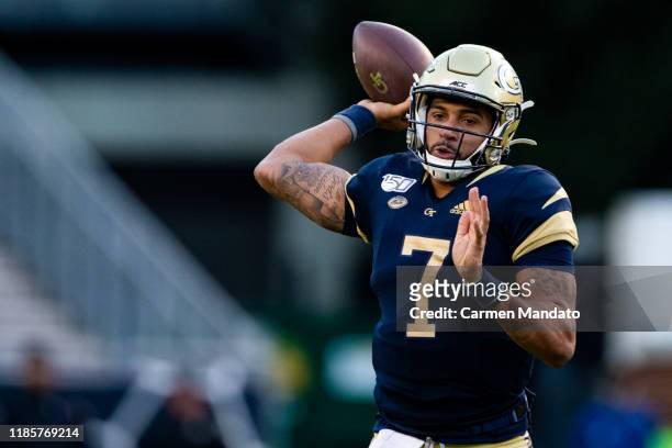Lucas Johnson of the Georgia Tech Yellow Jackets looks to pass during a game against the Pittsburgh Panthers at Bobby Dodd Stadium on November 2,...
