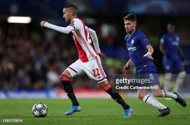 Hakim Ziyech of Ajax during the UEFA Champions League group H match between Chelsea FC and AFC Ajax at Stamford Bridge on November 05, 2019 in...