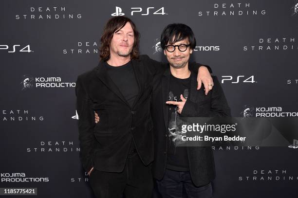 Norman Reedus and Hideo Kojima attend Fractured Worlds: The Art of DEATH STRANDING on November 05, 2019 in New York City.