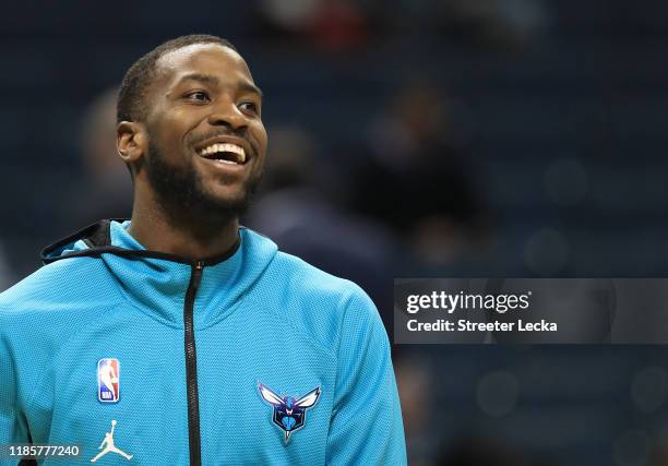 Michael Kidd-Gilchrist of the Charlotte Hornets watches on before their game against the Indiana Pacers at Spectrum Center on November 05, 2019 in...