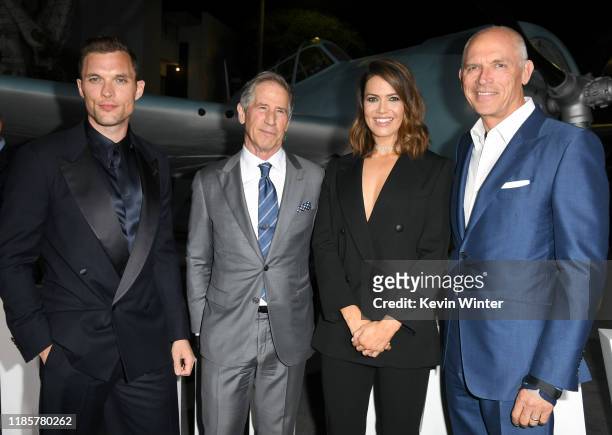 Ed Skrein, Jon Feltheimer, Mandy Moore, and guest attend the premiere of Lionsgate's "Midway" at Regency Village Theatre on November 05, 2019 in...