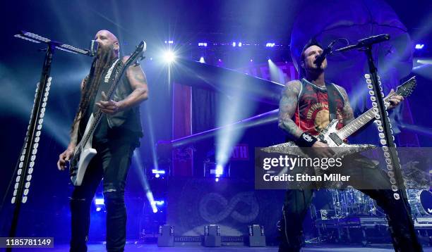 Bassist Chris Kael and guitarist Jason Hook of Five Finger Death Punch perform as the band kicks off its fall 2019 tour at The Joint inside the Hard...