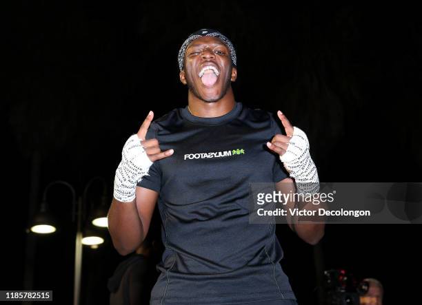 Gestures to the camera after working out at Venice Beach ahead of KSI vs. Logan Paul 2 on November 05, 2019 in Venice, California. KSI vs. Logan Paul...