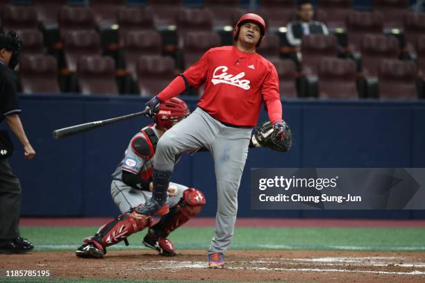 Frederich Cepeda of Cuba reacts after striking out in the bottom of the fifth inning during the WBSC Premier 12 Opening Game Group C game between...