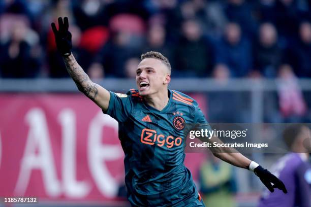 Noa Lang of Ajax celebrates 2-4 during the Dutch Eredivisie match between Fc Twente v Ajax at the De Grolsch Veste on December 1, 2019 in Enschede...
