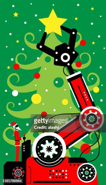 santa claus using joystick to operate robotic arm to decorate christmas tree with a star - engineer gearwheel factory stock illustrations