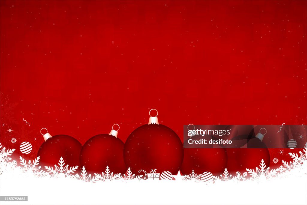 Horizontal vector illustration of a creative dark red color background with snowflakes and xmas ornaments at the bottom and five arranged big christmas baubles