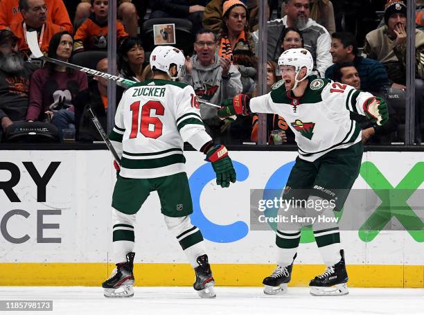 Eric Staal of the Minnesota Wild celebrates his goal with Jason Zucker, to take a 3-2 lead over the Anaheim Ducks, during the third period in a 4-2...