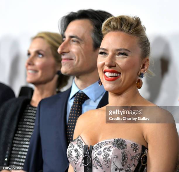 Julie Hagerty, Noah Baumbach and Scarlett Johansson attend the 'Marriage Story' Los Angeles Premiere at the Directors Guild on November 05, 2019 in...