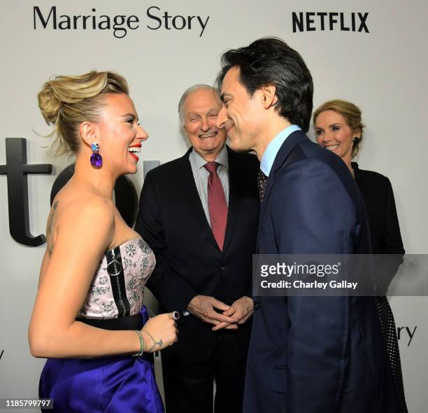 Scarlett Johansson, Alan Alda, Noah Baumbach and Julie Hagerty attend the 'Marriage Story' Los Angeles Premiere at the Directors Guild on November...