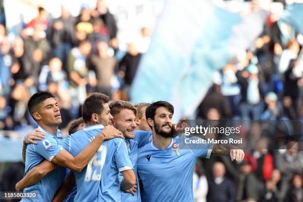 Ciro Immobile of SS Lazio celebrate a opening goal with his team mates during the Serie A match between SS Lazio and Udinese Calcio at Stadio...