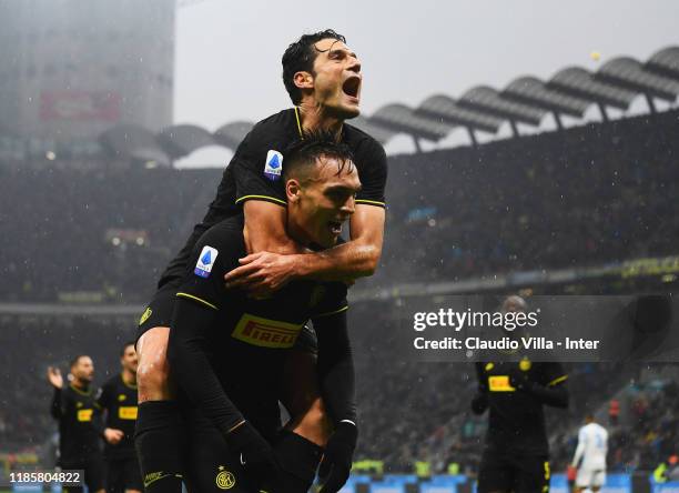 Lautaro Martinez of FC Internazionale celebrates with Antonio Candreva after scoring the second goal during the Serie A match between FC...