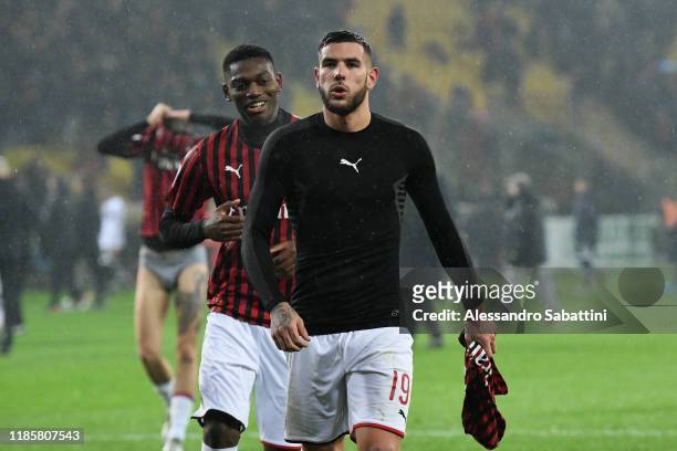 Theo Hernandez of AC Milan celebrates the victory after the Serie A match between Parma Calcio and AC Milan at Stadio Ennio Tardini on December 1,...