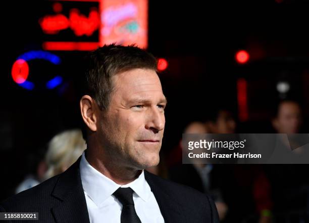 Aaron Eckhart attends the Premiere Of Lionsgate's "Midway" at Regency Village Theatre on November 05, 2019 in Westwood, California.