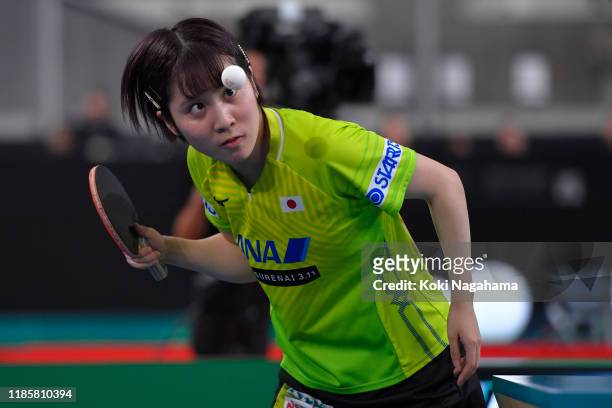 Miu Hirano of Japan competes against Amelie Solja of Austria during Women's Teams singles Group B - Match 1 on day one of the ITTF Team World Cup,...