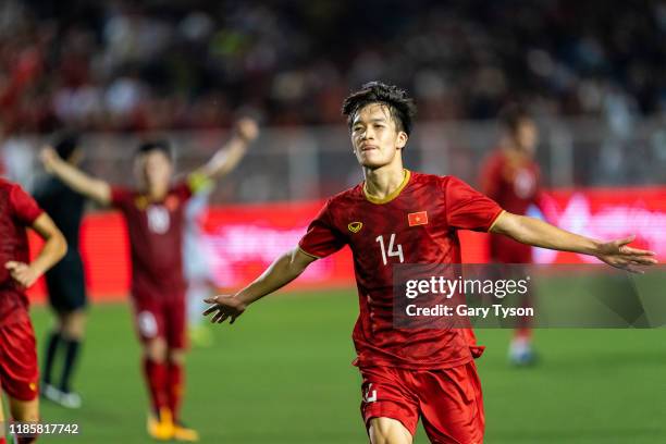 Nguyen hang Duc of Vietnam celebrates after scoring the winning goal in the last minutes of extra time against Indonesia soccer at Rizal Memorial...