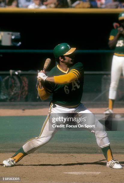 Sal Bando of the Oakland Athletics bats against the Cincinnati Reds during the World Series in October 1972 at Riverfront Stadium in Cincinnati,...