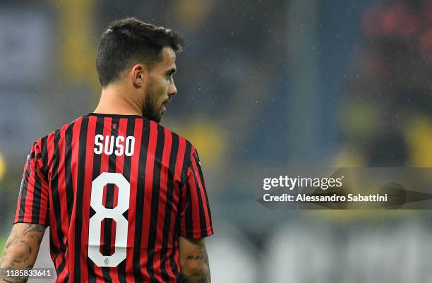 Suso of AC Milan looks on during the Serie A match between Parma Calcio and AC Milan at Stadio Ennio Tardini on December 1, 2019 in Parma, Italy.