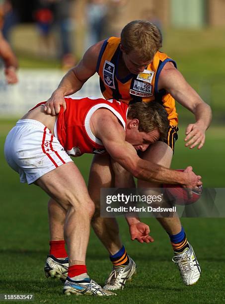 Brent Bransgrove of the Bullants is taken high during the round 15 VFL match between Sandringham and the Northern Bullants at Trevor Barker Beach...