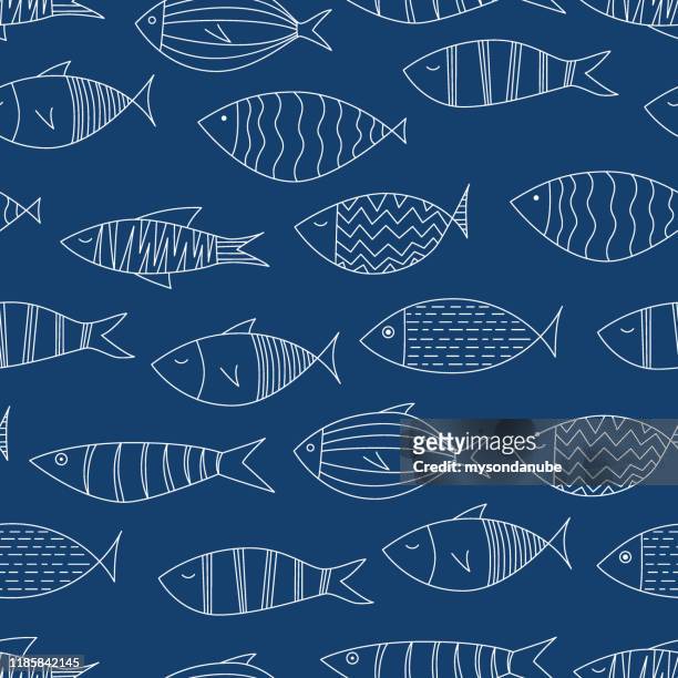 ネイビーブルーの背景に白い魚 - シームレスパターン - 魚点のイラスト素材／クリップアート素材／マンガ素材／アイコン素材