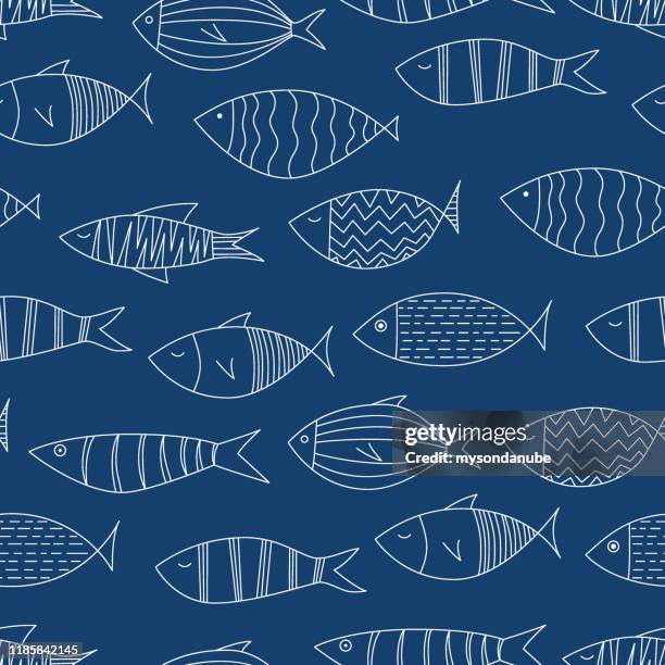 white fishes on navy blue background - seamless pattern - fishing stock illustrations