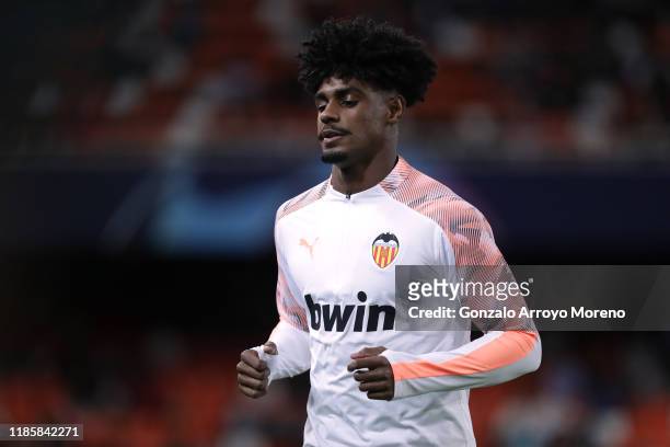 Thierry Correia of Valencia CF warms up before the UEFA Champions League group H match between Valencia CF and Lille OSC at Estadio Mestalla on...