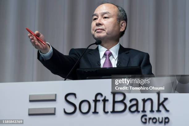 SoftBank Group Corp. Chairman and Chief Executive Officer Masayoshi Son speaks during a press conference on November 6, 2019 in Tokyo, Japan....