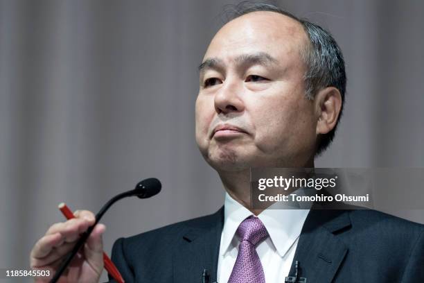 SoftBank Group Corp. Chairman and Chief Executive Officer Masayoshi Son speaks during a press conference on November 6, 2019 in Tokyo, Japan....