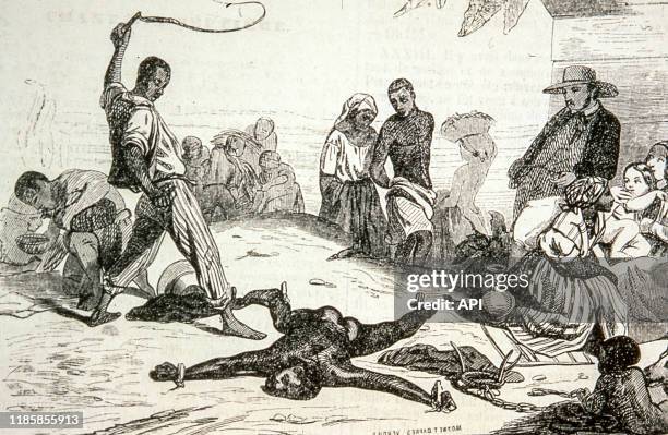 Punition d'un esclave dans les Antilles en 1843, gravure de Marcel Verdier parue dans le journal 'L'Illustration'.