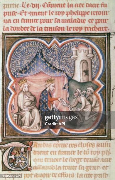 Le roi de France Philippe Auguste et le roi d'Angleterre Richard 1er Coeur de Lion recevant les clés d'Acre, le 12 juillet 1191, lors de la 3ème...