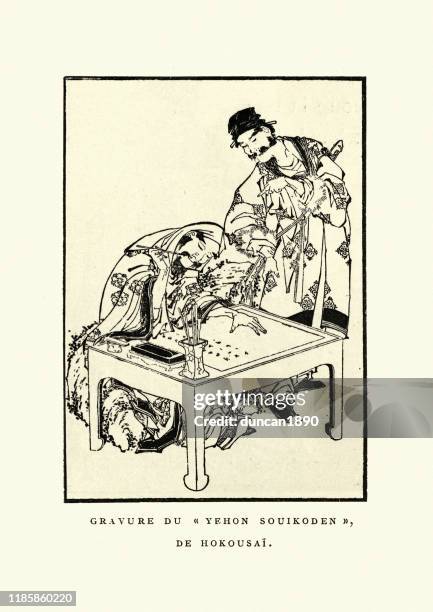 ilustraciones, imágenes clip art, dibujos animados e iconos de stock de escritura de escritura japonesa antigua en un escritorio - escriba