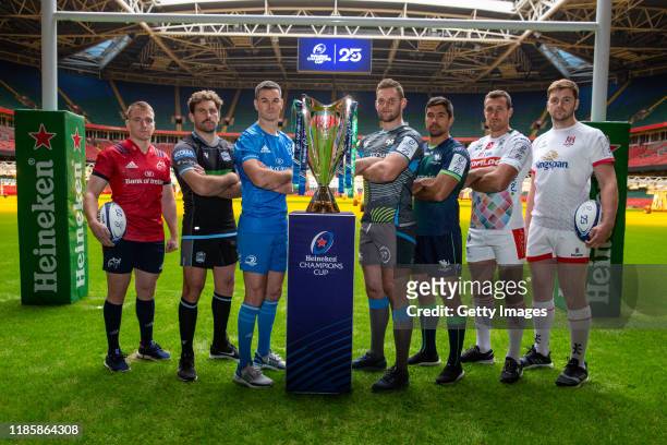 Rory Scannell of Munster Rugby, Callum Gibbins of Glasgow Warriors, Johnny Sexton of Leinster Rugby, Jarrad Butler of Connacht Rugby, Dan Lydiate of...