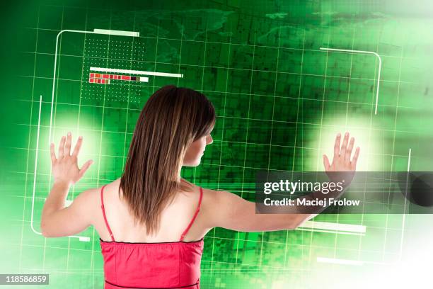 woman intracting with a touch screen wall - woman in spaghetti straps stock illustrations