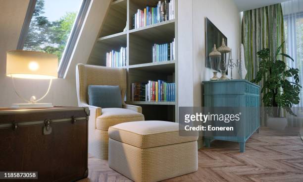 reading corner in attic bedroom - corners stock pictures, royalty-free photos & images