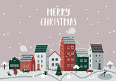 Snow covered little town. Merry Christmas illustration.