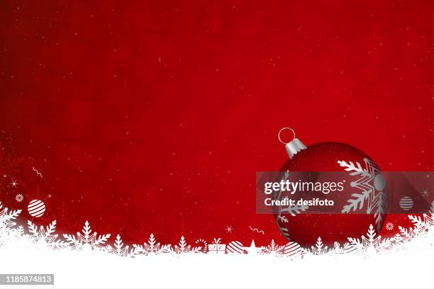 horizontal vector illustration of a creative dark red color background with snowflakes and xmas ornaments at the bottom and one big christmas bauble with silver snowflakes pattern - maroon swirl stock illustrations