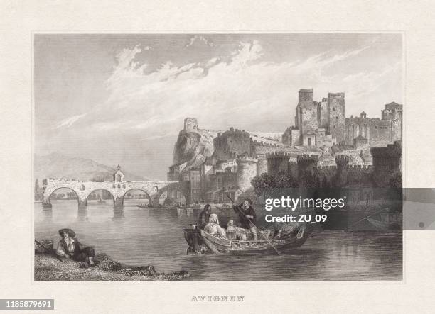 historical view of avignon, france, steel engraving, published in 1857 - avignon stock illustrations